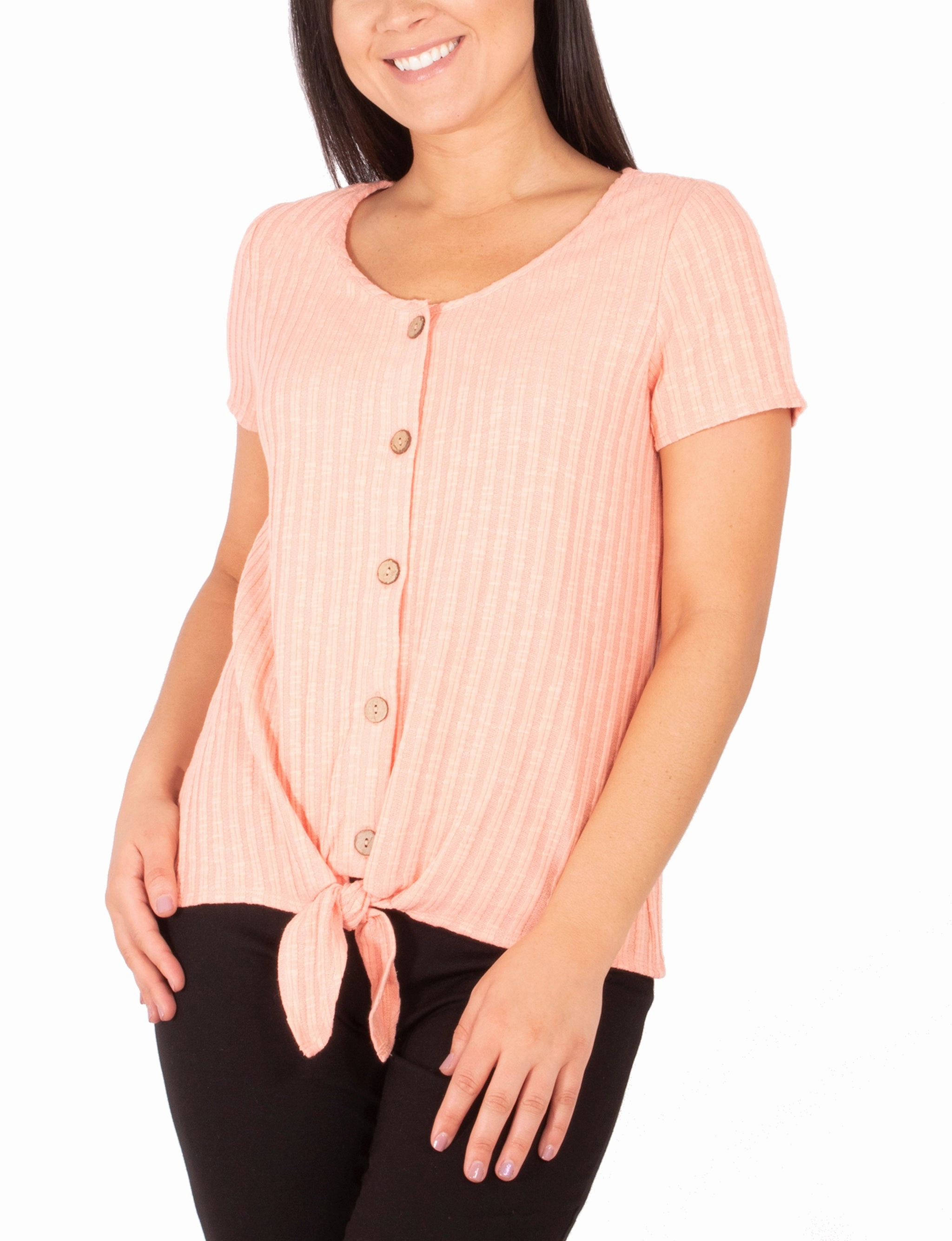 Short Sleeve Button Front Top With Tie At Hem V-neck Blouse UV protection coating
