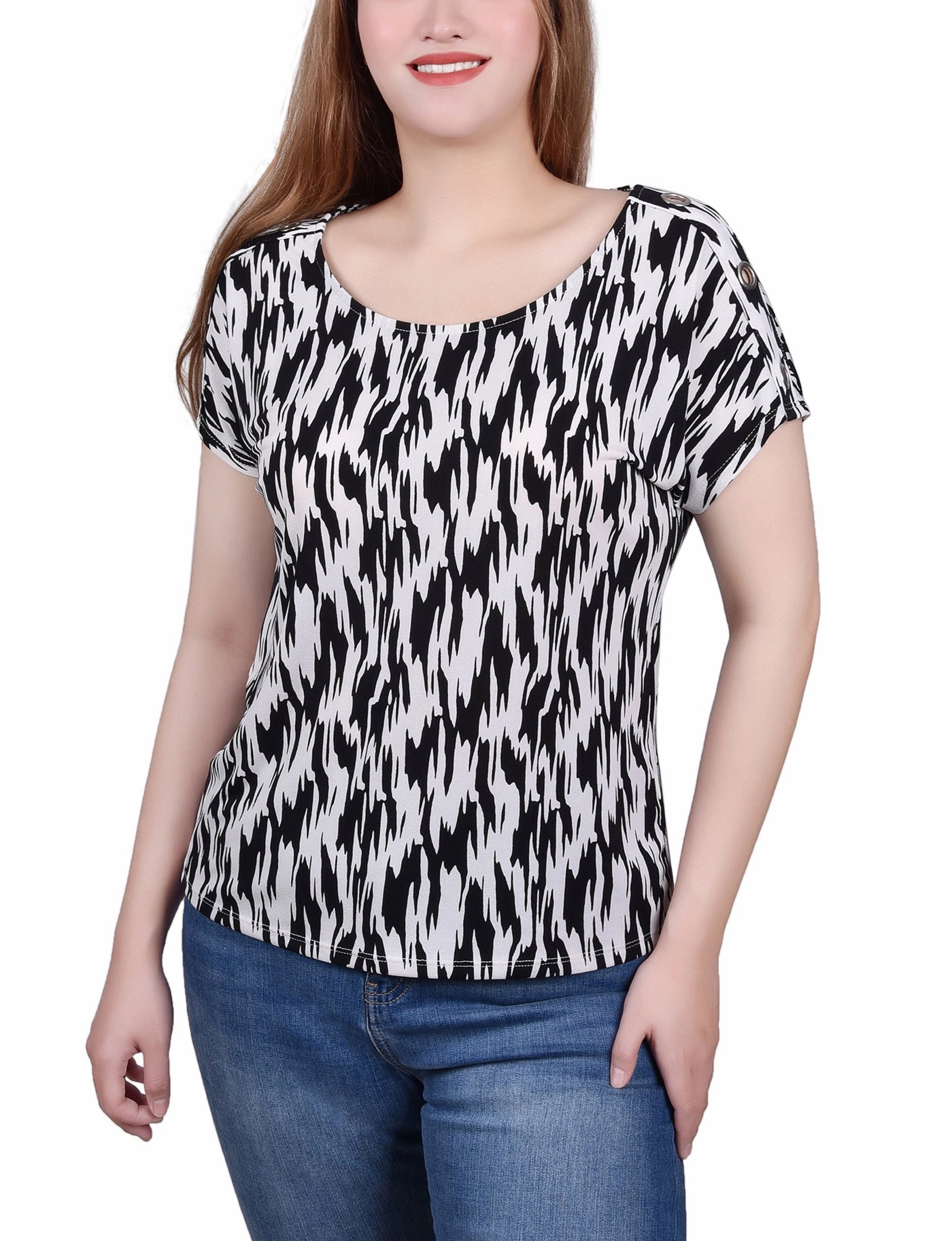 Short Sleeve Extended Sleeve Tunic Top Adjustable Shoulder Straps Contrast Topstitching Detail