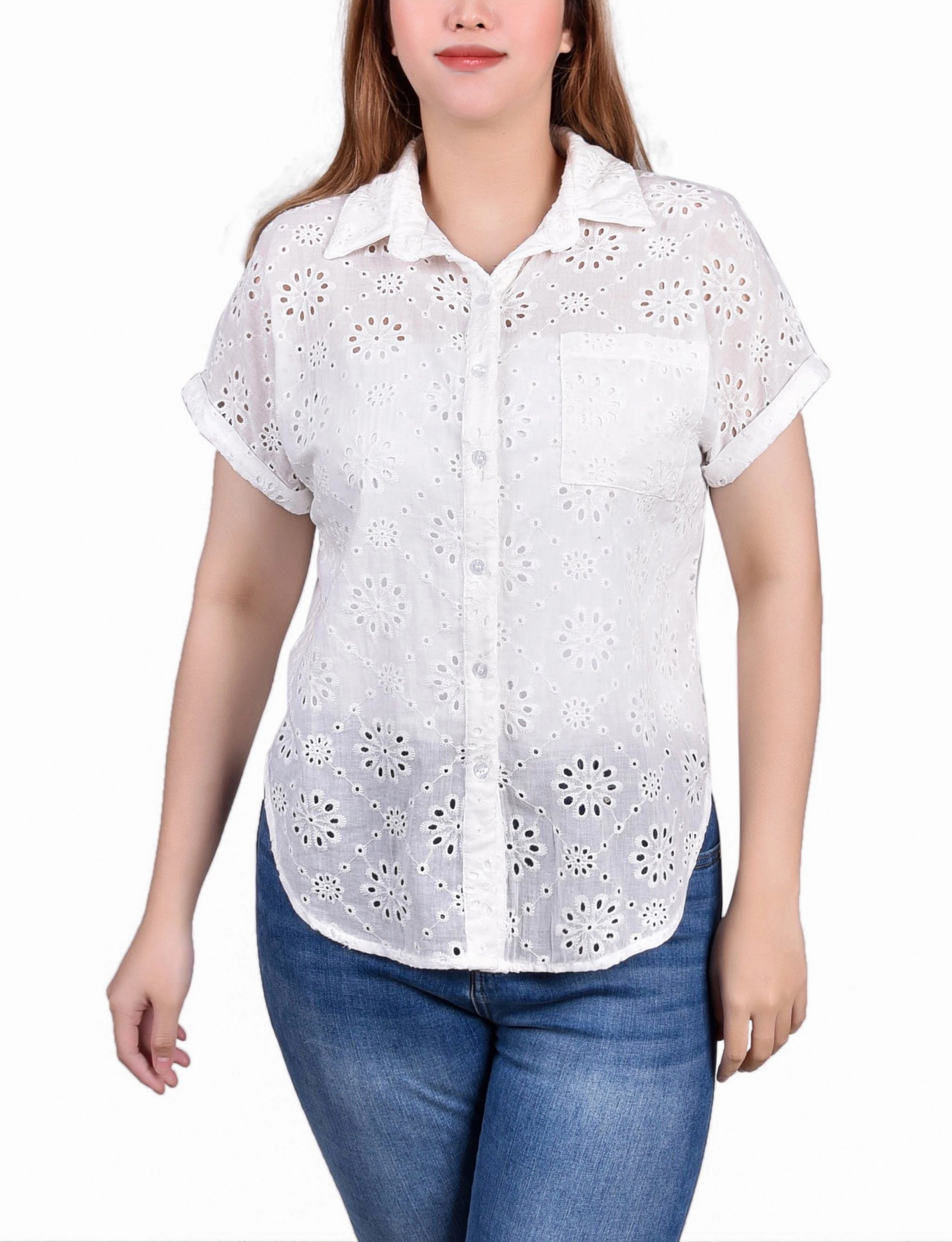 Short Sleeve Eyelet/Jersey Blouse DroppedShoulder RibbedHemline