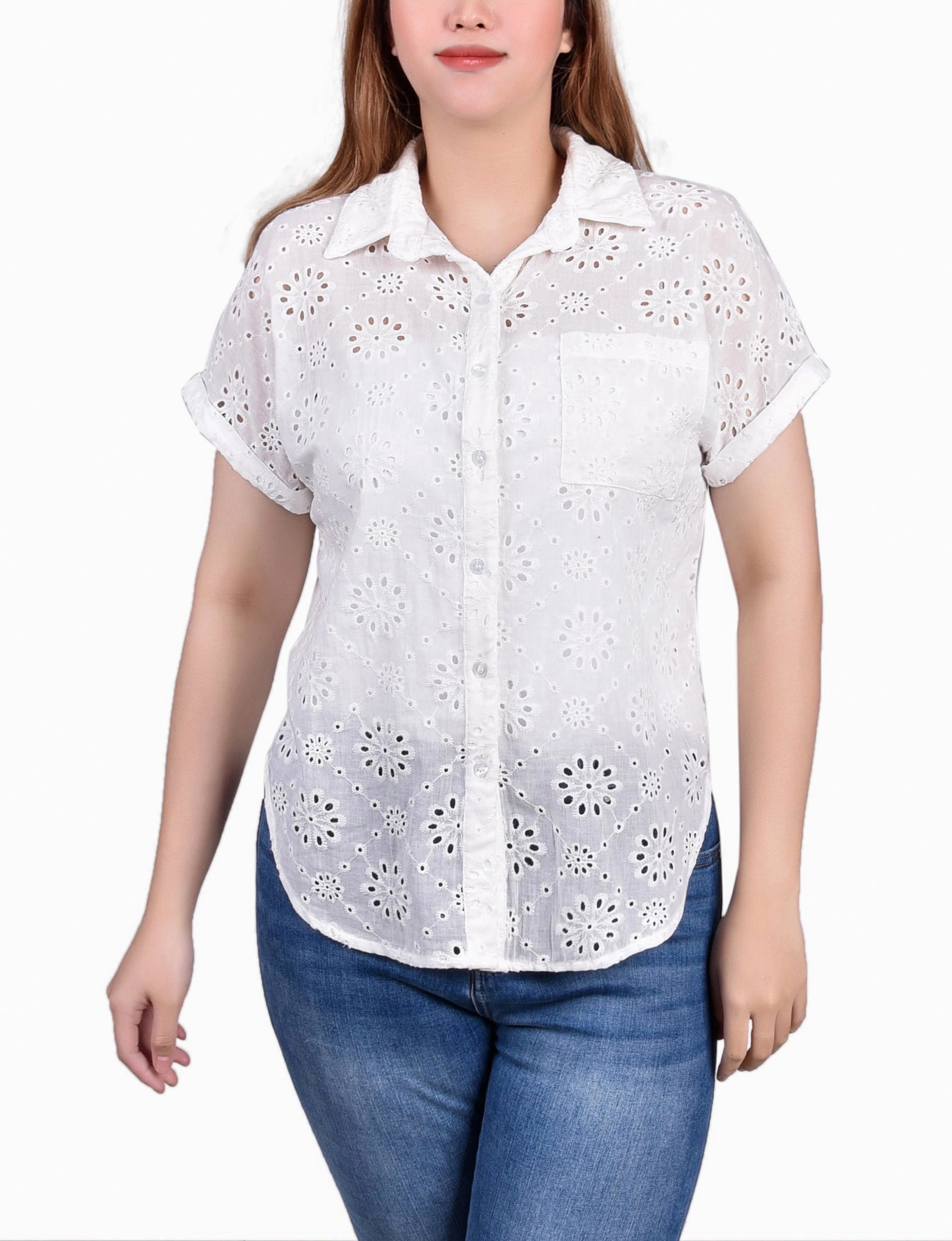 Antistatic Stylish Look Short Sleeve Eyelet/Jersey Blouse