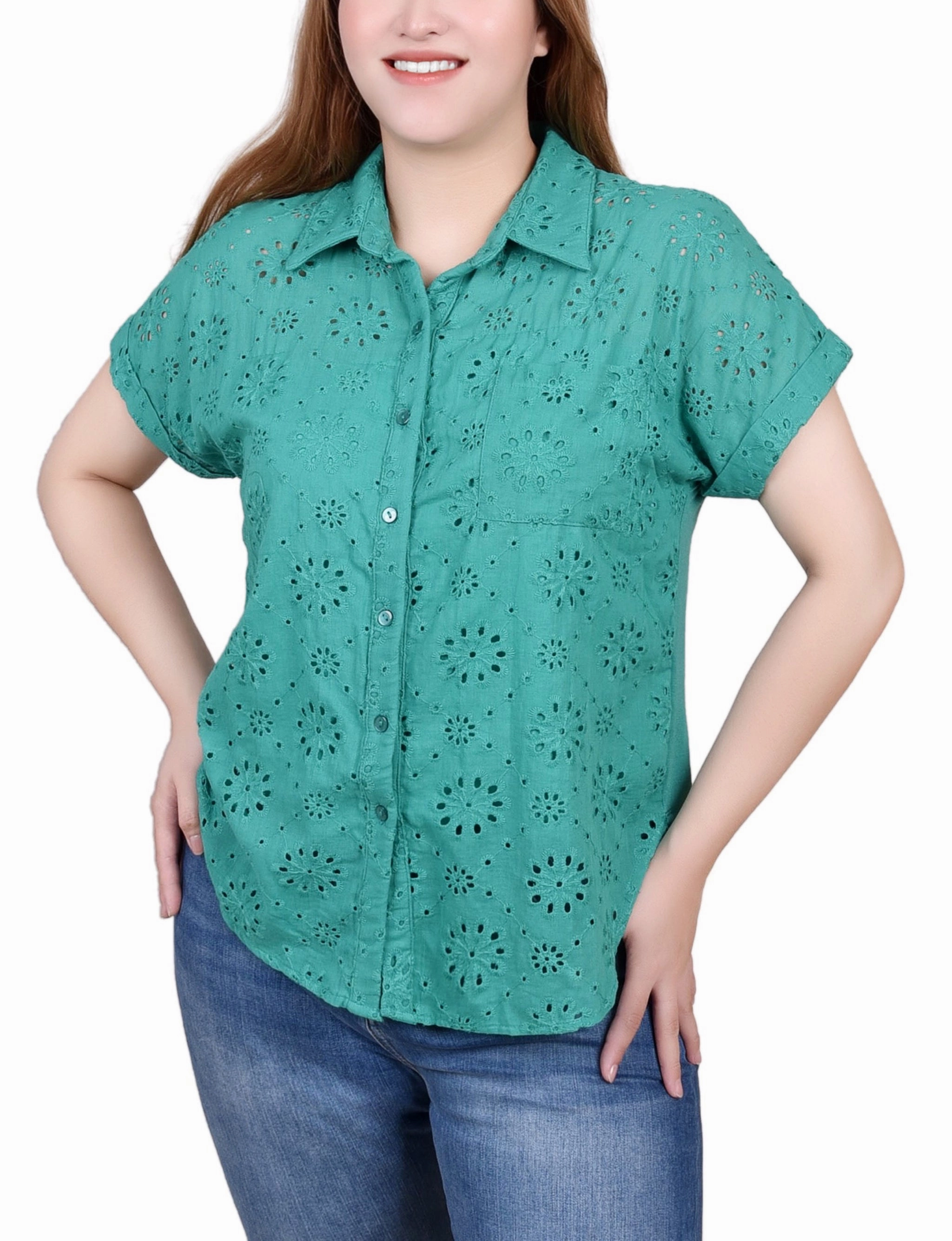 Sustainable Manufacturing Short Sleeve Eyelet/Jersey Blouse