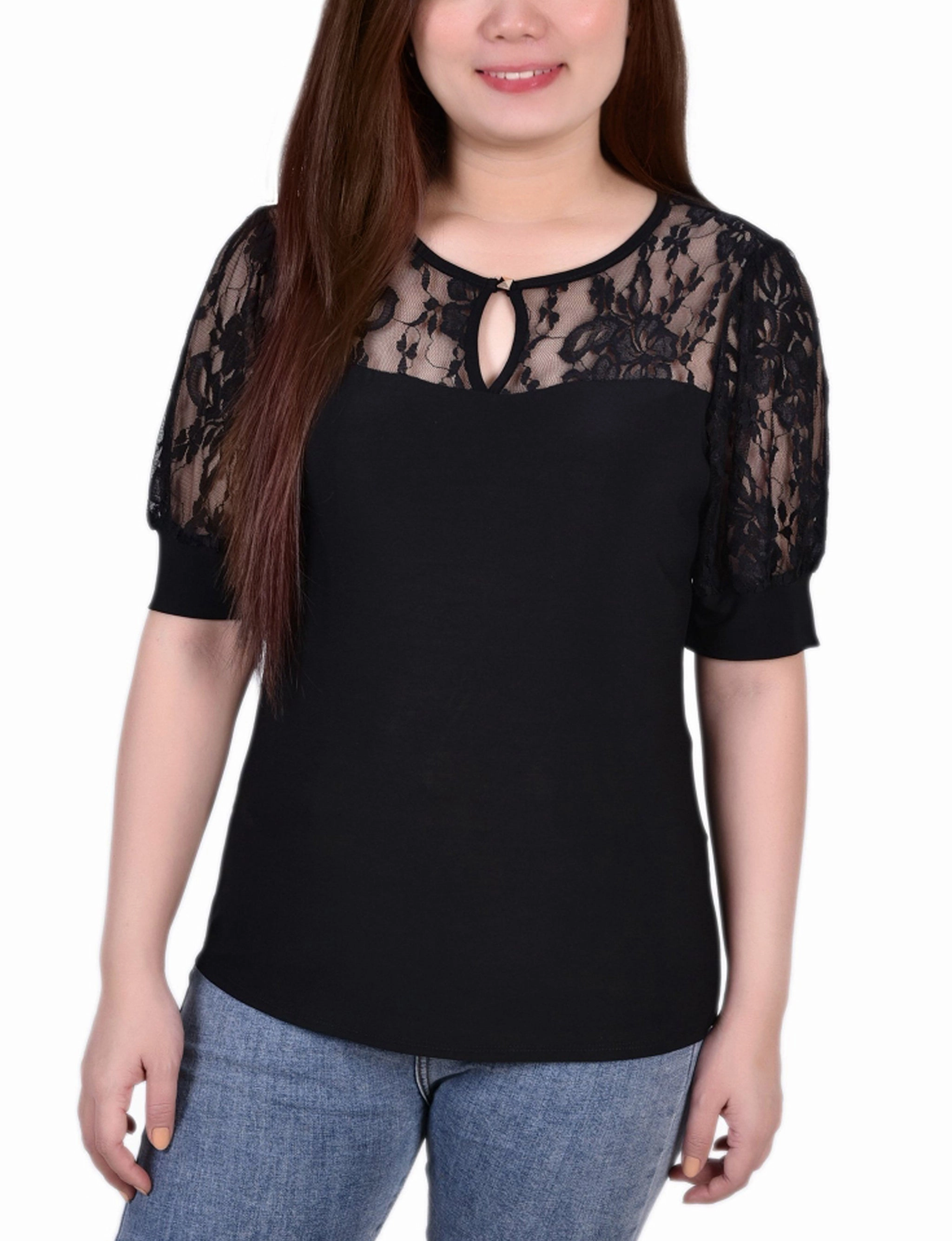 Short Sleeve Lace Yoke and Sleeve Top SoftLining Lightweight Layering Option