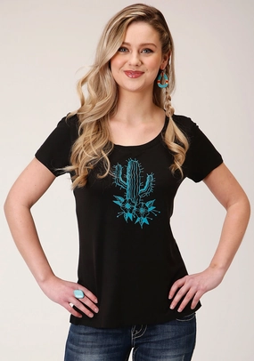 Roper Womens Black Poly/Rayon Blue Cactus S/S T-Shirt Solid Hue