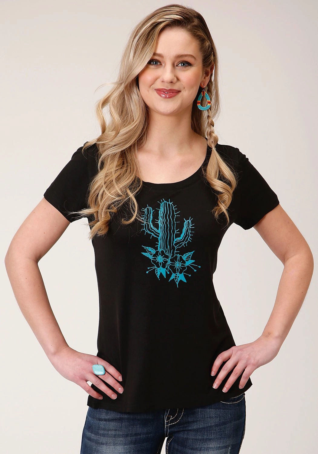 Roper Womens Black Poly/Rayon Blue Cactus S/S T-Shirt Solid Hue