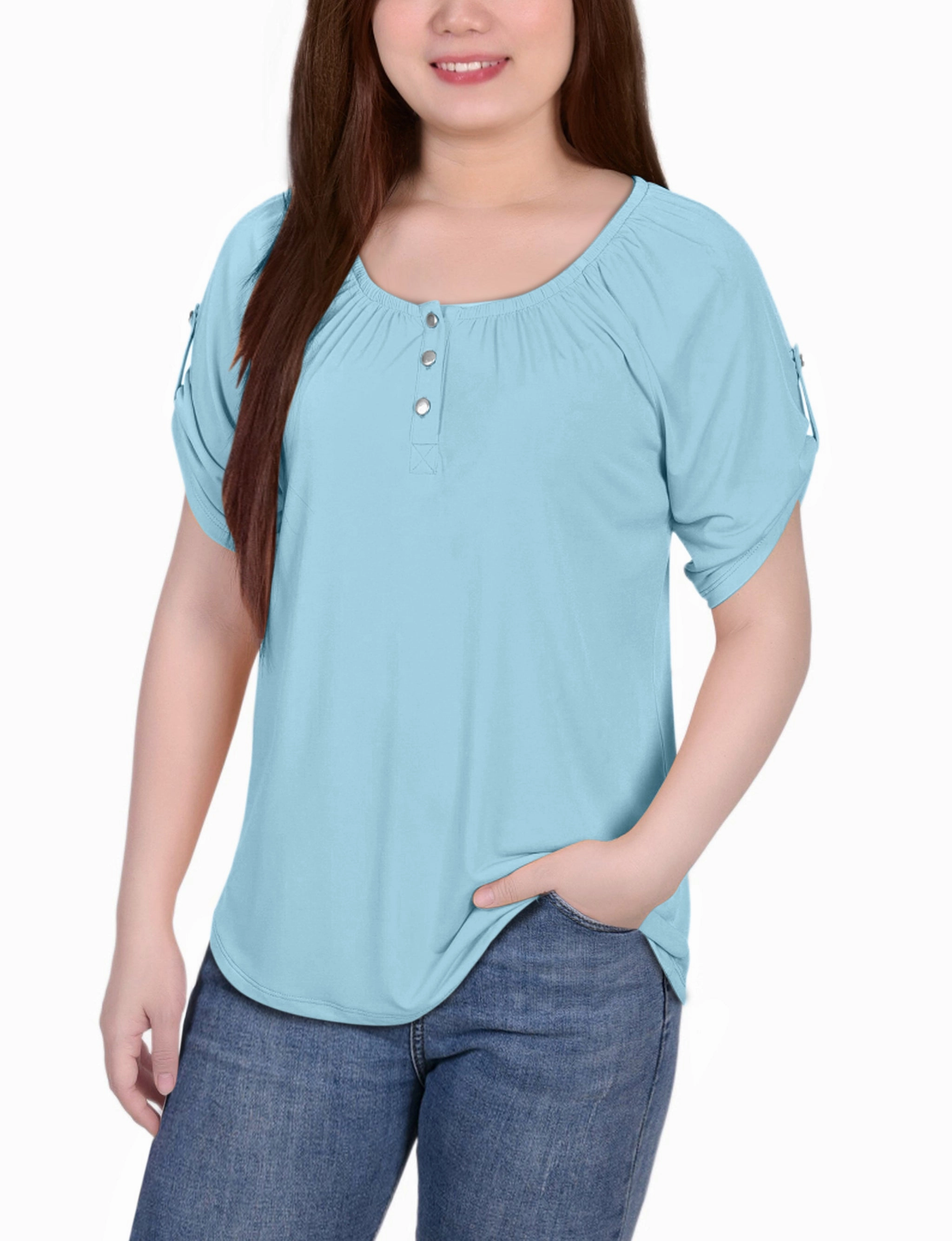 Short Sleeve Round Neck Henley Top Flatlock stitching Drop Shoulder Design