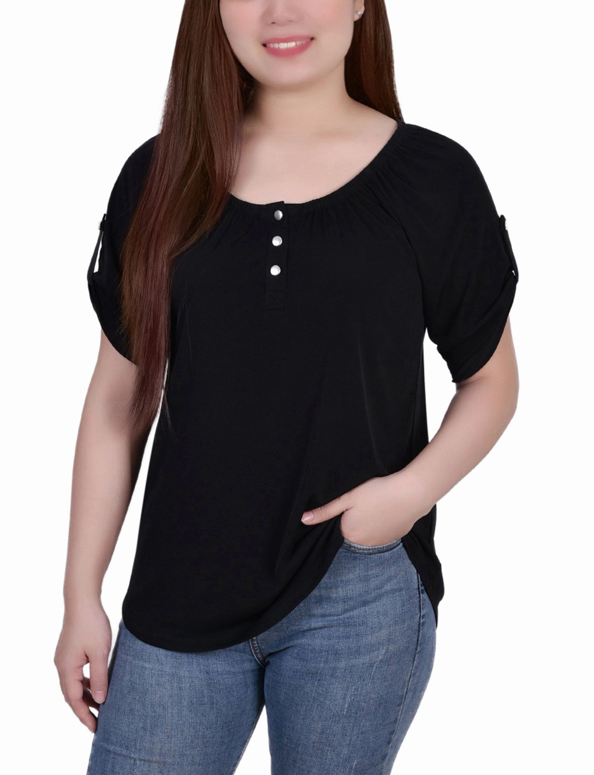 Double Needle Hemming BuiltInLayer Short Sleeve Round Neck Henley Top