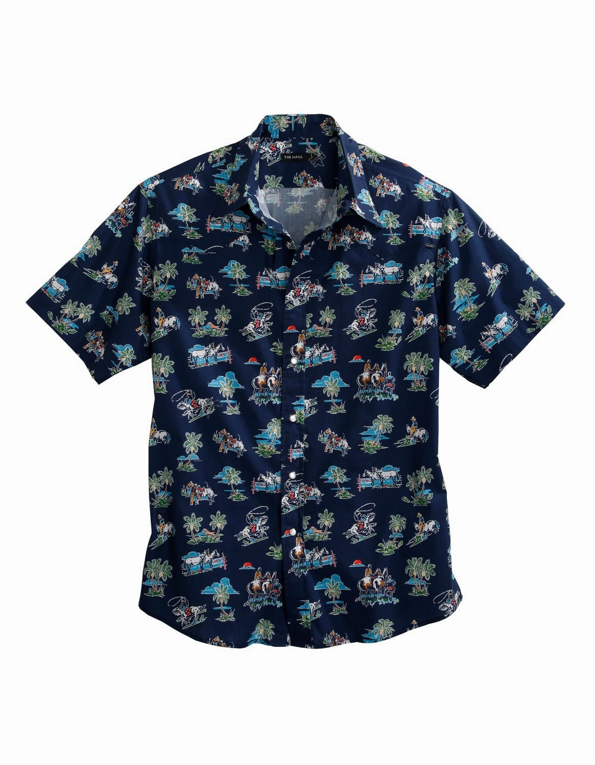 Versatile Clothing Tin Haul Mens Blue 100% Cotton Cowboy Tropics S/S Hawaiian Shirt