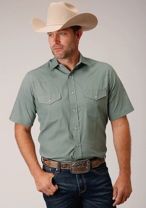 Breathable Cotton Quick Release Cuffs Roper Mens Dusty Green Cotton Blend Solid Broadcloth S/S Shirt