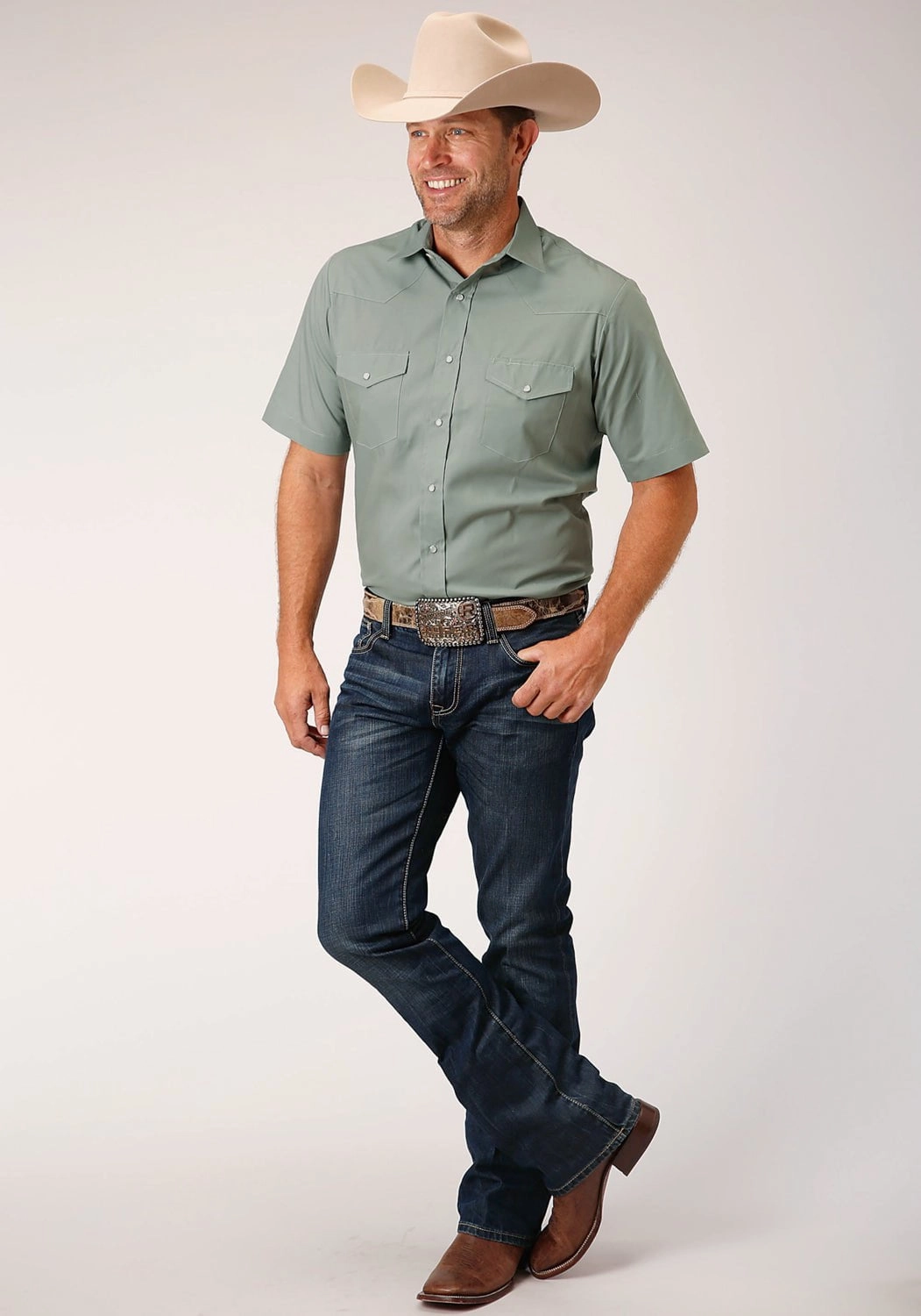 Comfort Wear Pullover Design Roper Mens Dusty Green Cotton Blend Solid Broadcloth S/S Shirt