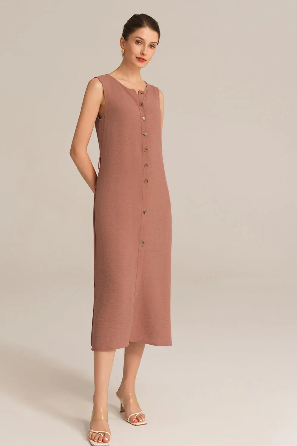 Side Slit OL Sleeveless Crew Neck Button-up A-Line Dress - Brown