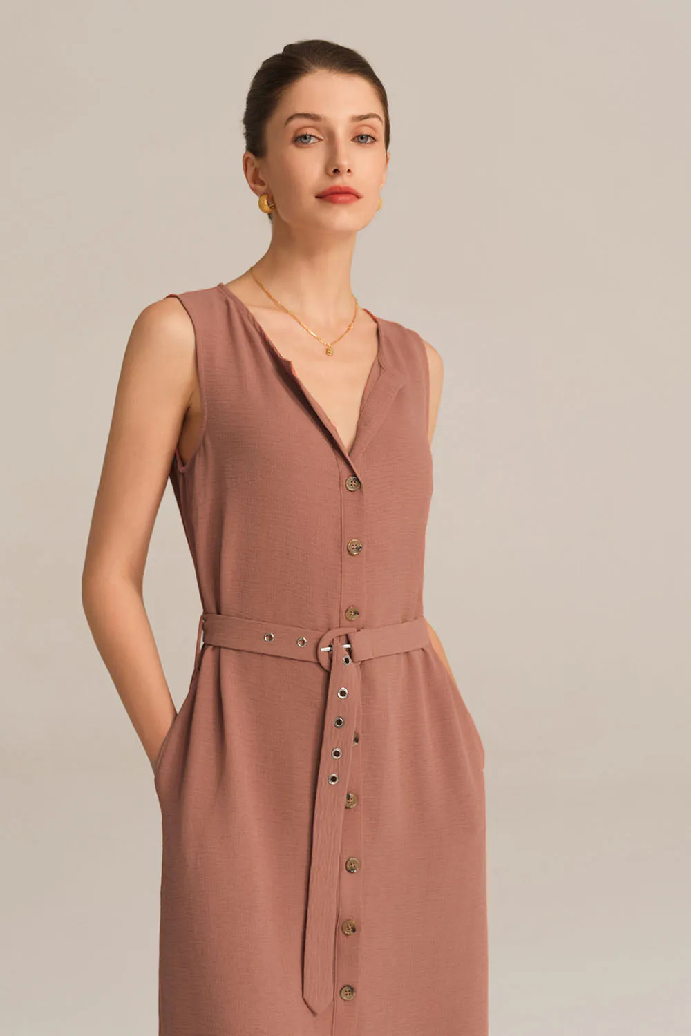 Side Slit OL Sleeveless Crew Neck Button-up A-Line Dress - Brown