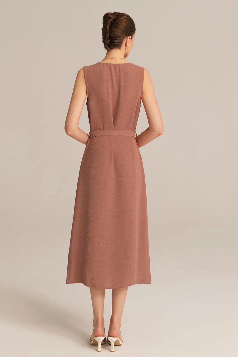 Side Slit OL Sleeveless Crew Neck Button-up A-Line Dress - Brown