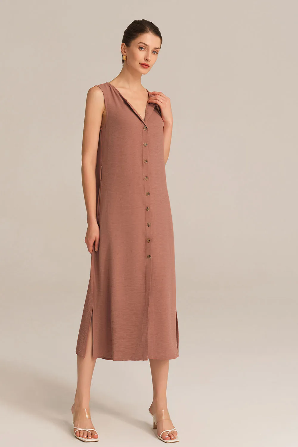 Side Slit OL Sleeveless Crew Neck Button-up A-Line Dress - Brown
