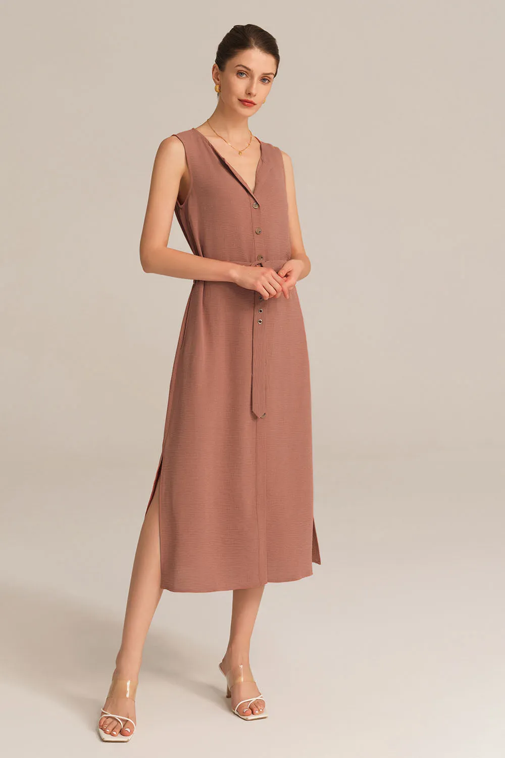 Side Slit OL Sleeveless Crew Neck Button-up A-Line Dress - Brown