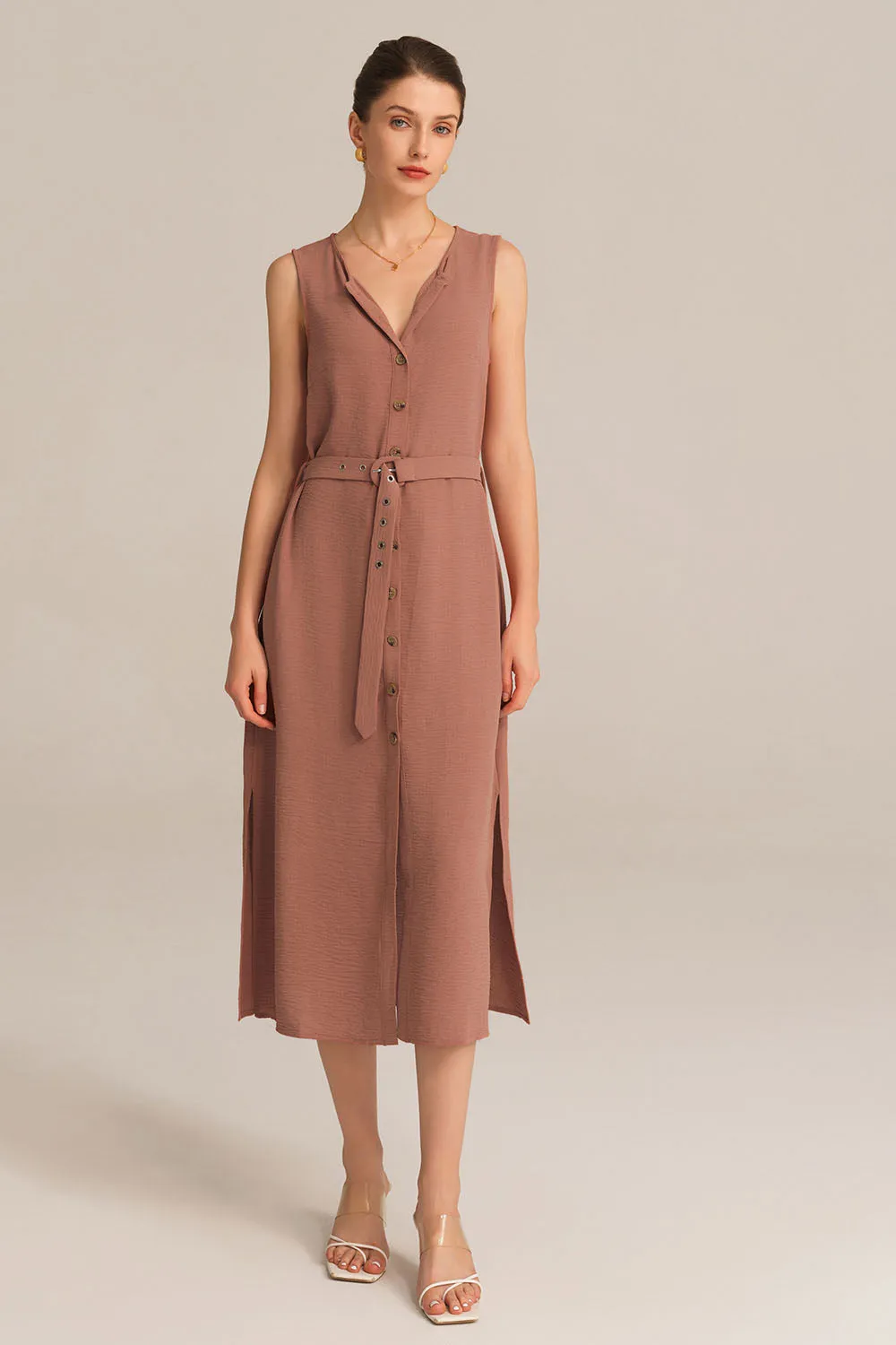 Side Slit OL Sleeveless Crew Neck Button-up A-Line Dress - Brown