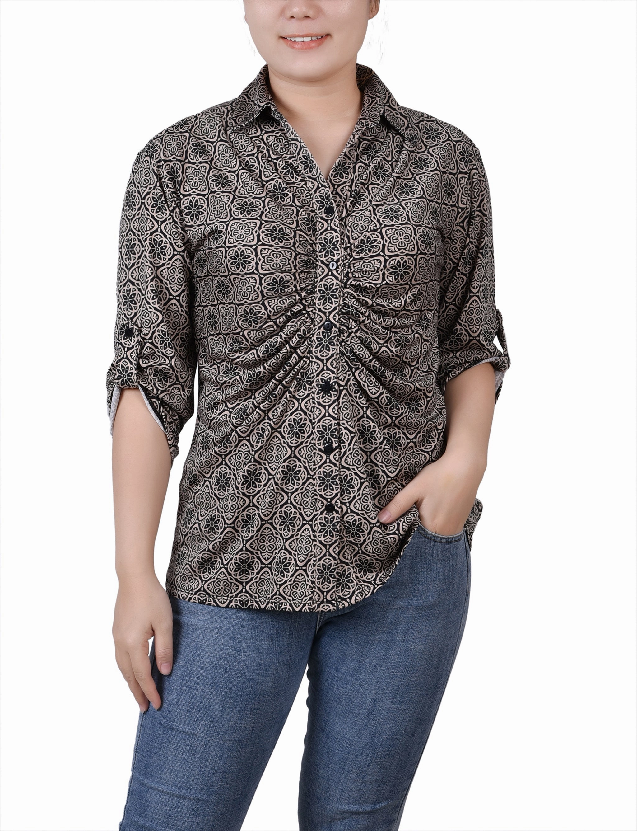 3/4 Roll Tab Rouched-Front Top ComfortStretch