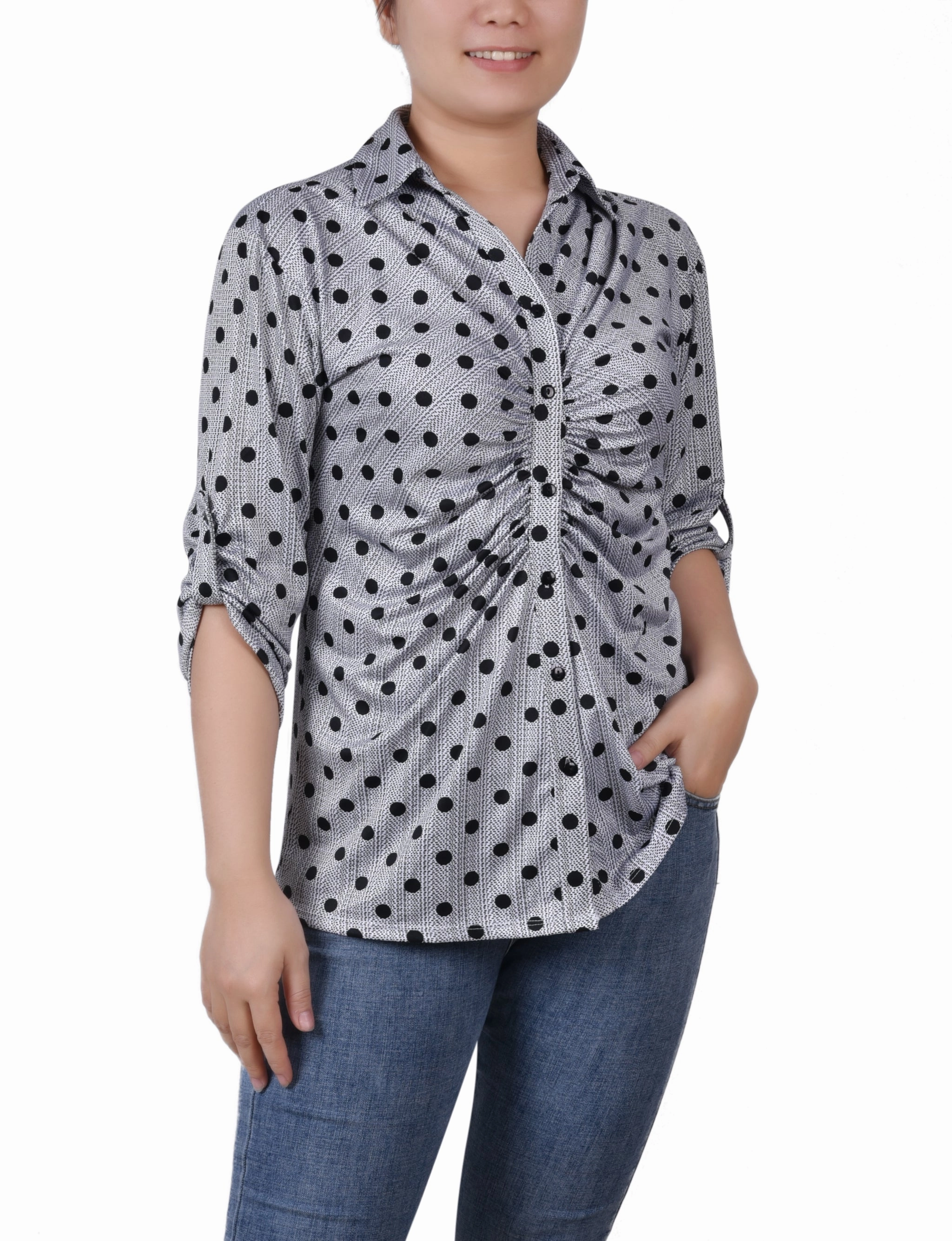 3/4 Roll Tab Rouched-Front Top ButtonDownCollar