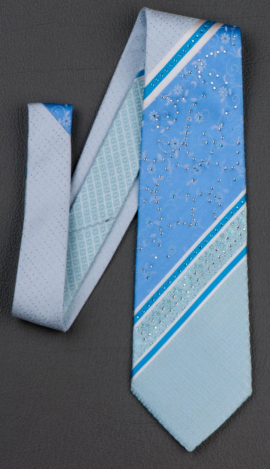 Silk Neck Tie By Grand Jour With Rhinestones Floral & Blue Stripes 3 1/2 Inch