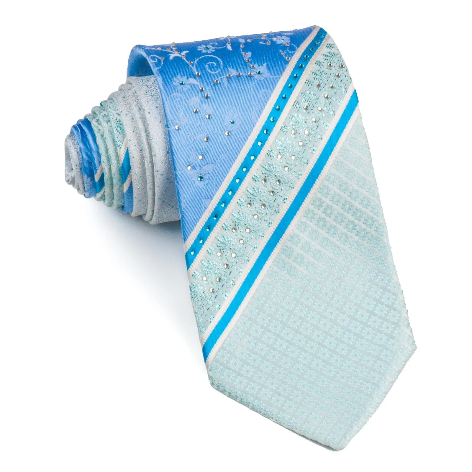 Silk Neck Tie By Grand Jour With Rhinestones Floral & Blue Stripes 3 1/2 Inch
