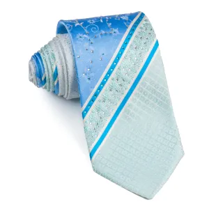 Silk Neck Tie By Grand Jour With Rhinestones Floral & Blue Stripes 3 1/2 Inch