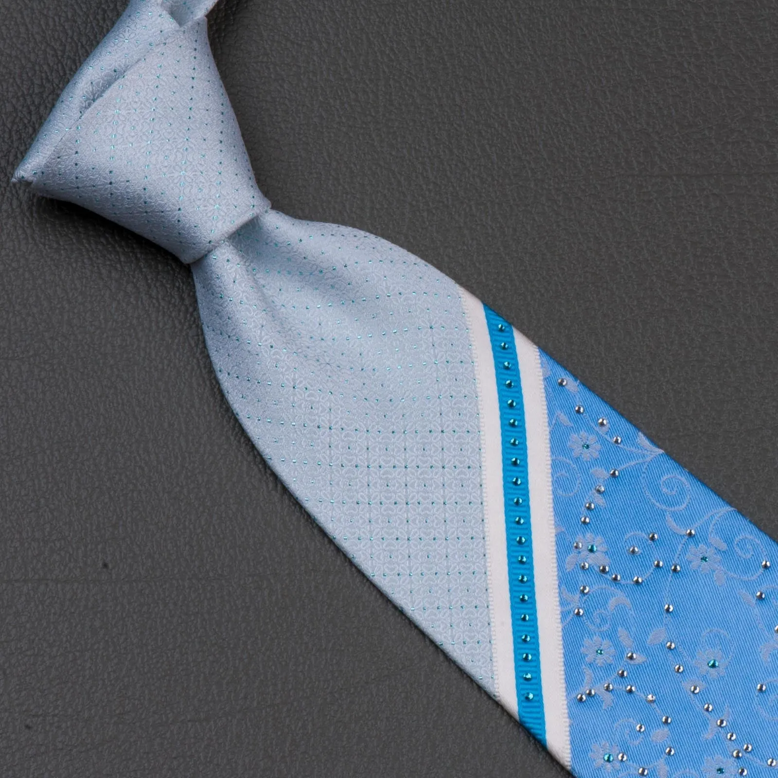 Silk Neck Tie By Grand Jour With Rhinestones Floral & Blue Stripes 3 1/2 Inch