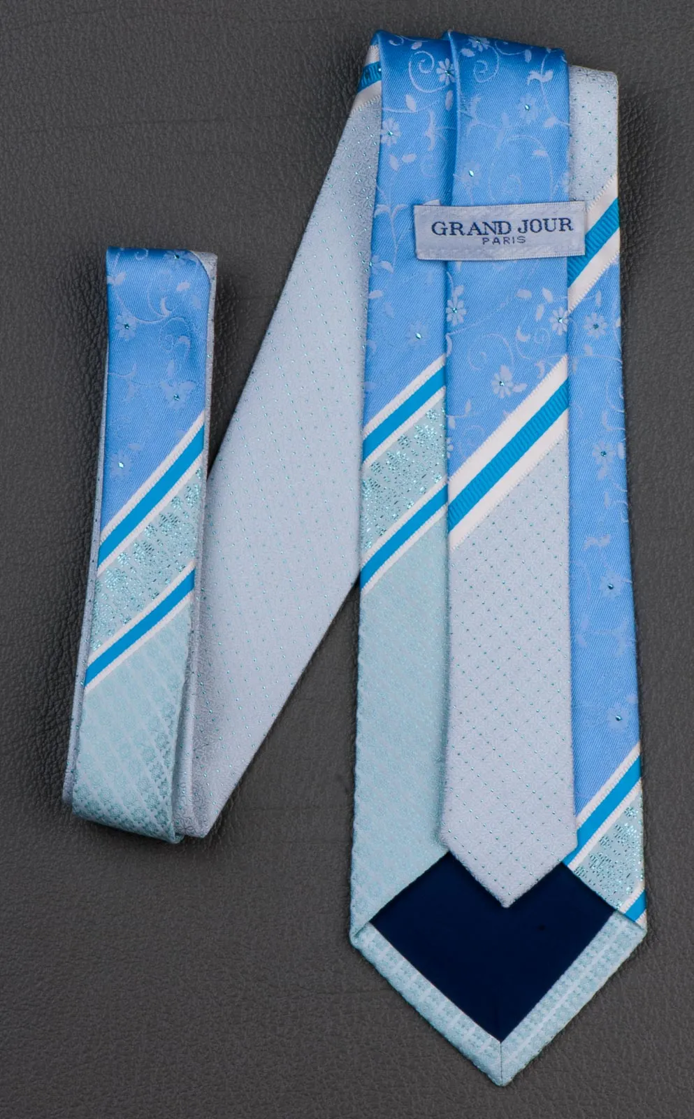Silk Neck Tie By Grand Jour With Rhinestones Floral & Blue Stripes 3 1/2 Inch