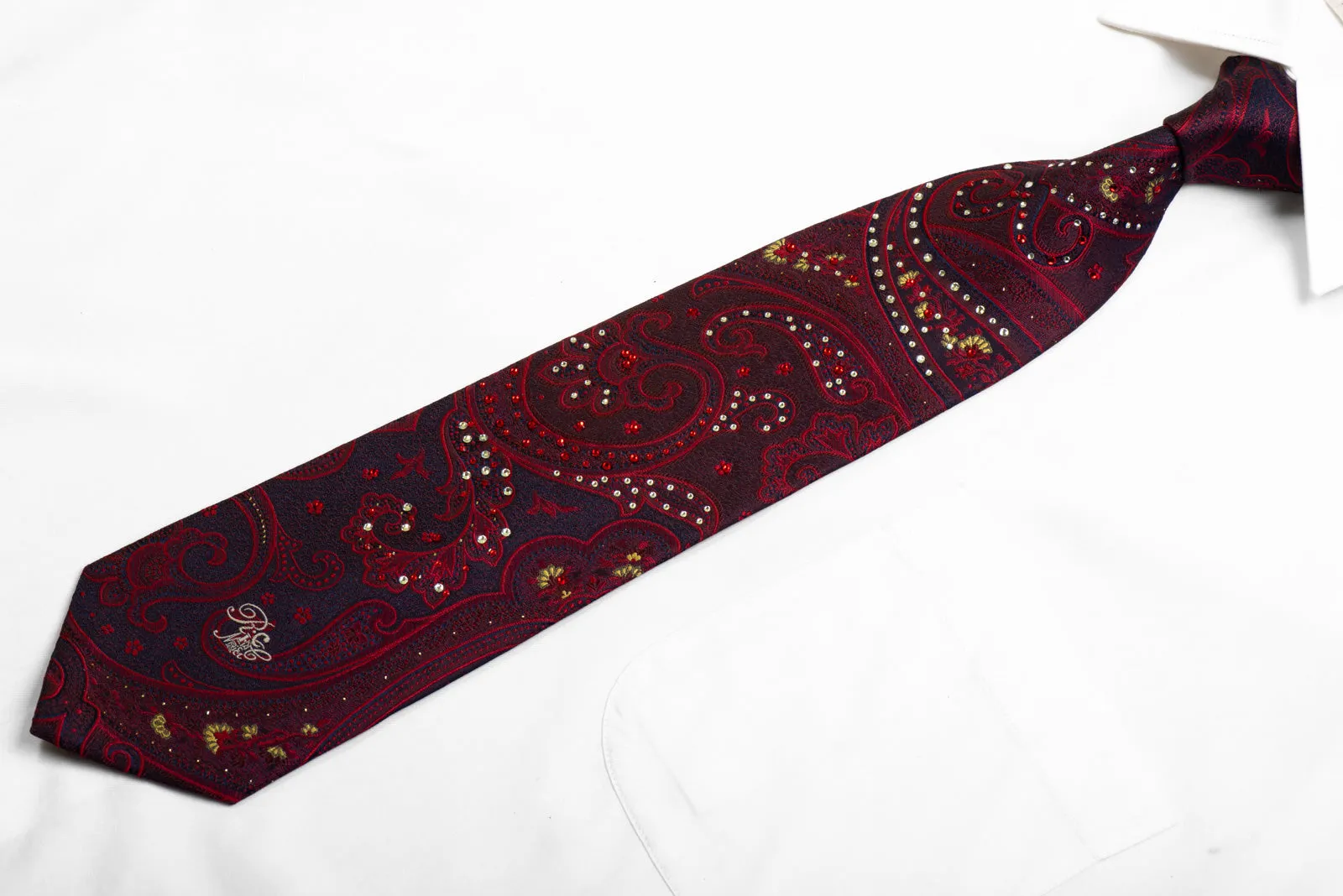 Silk Necktie Burgundy Red Paisley On Blue With Rhinestones & Sparkles