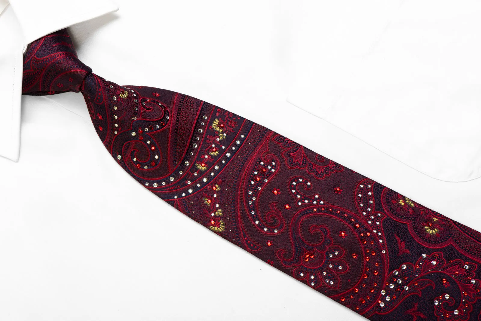 Silk Necktie Burgundy Red Paisley On Blue With Rhinestones & Sparkles