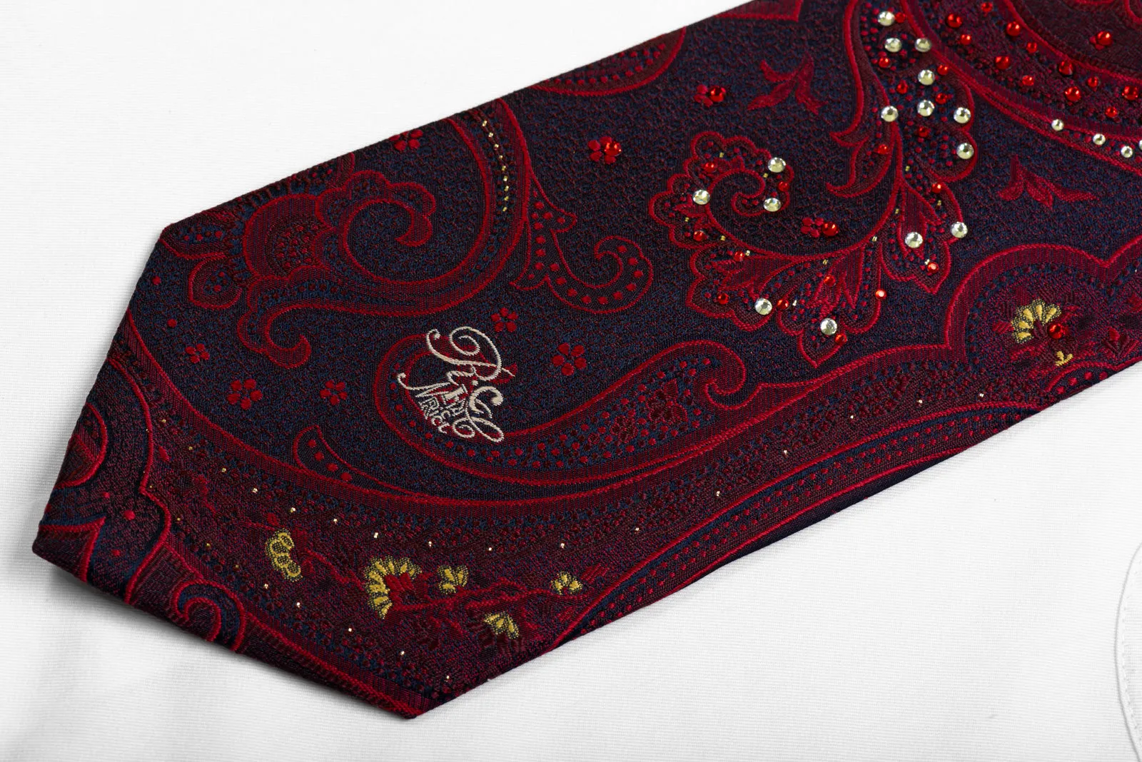 Silk Necktie Burgundy Red Paisley On Blue With Rhinestones & Sparkles