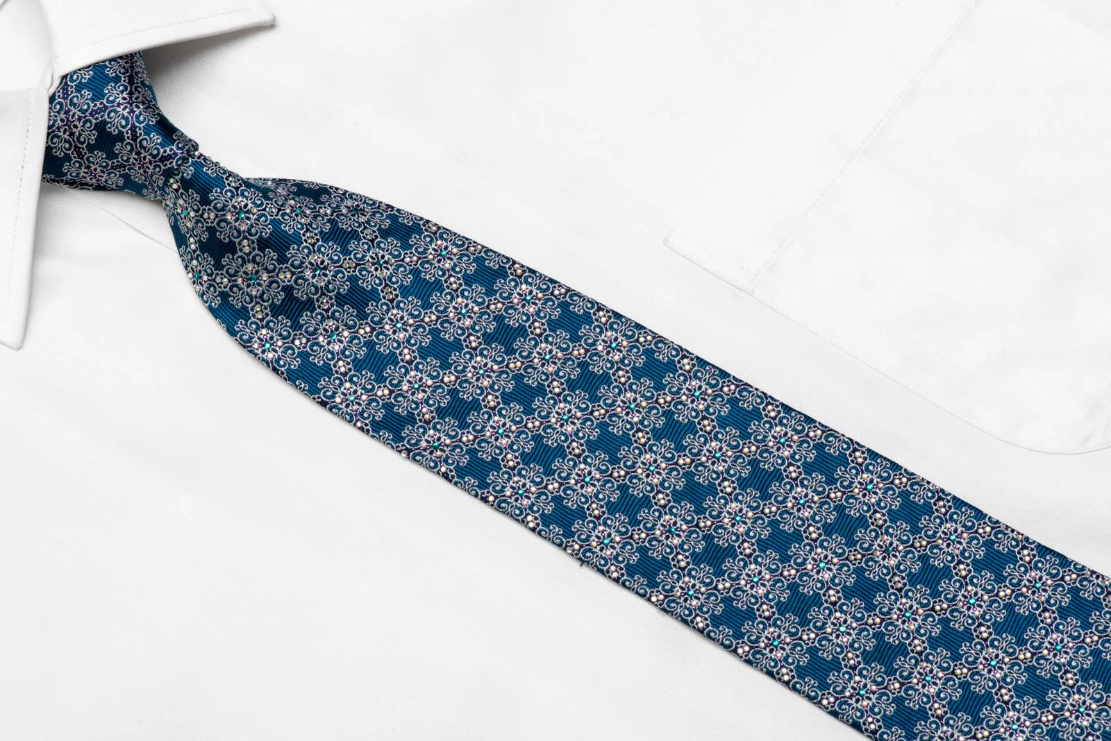 Silver Cartouche On Teal Rhinestone Silk Necktie With Purple Sparkles