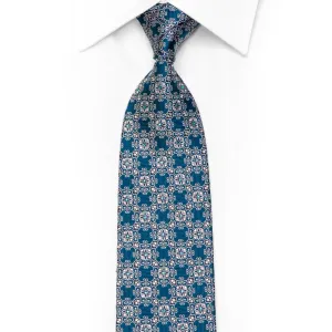 Silver Cartouche On Teal Rhinestone Silk Necktie With Purple Sparkles