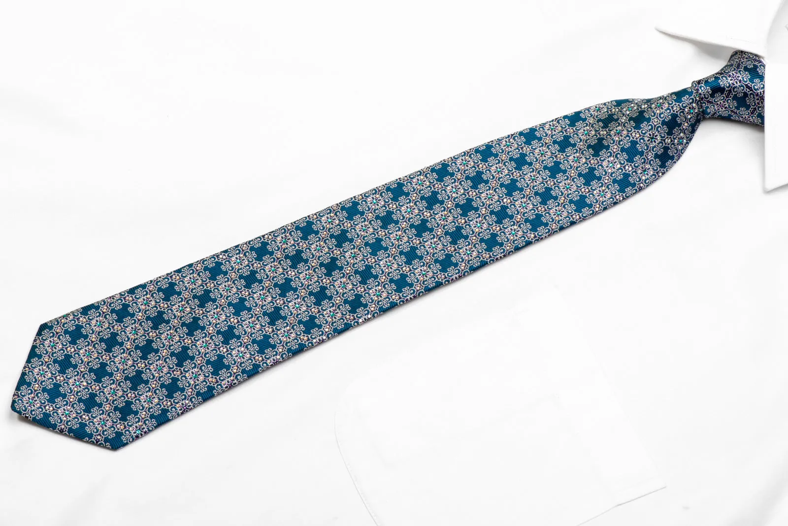 Silver Cartouche On Teal Rhinestone Silk Necktie With Purple Sparkles