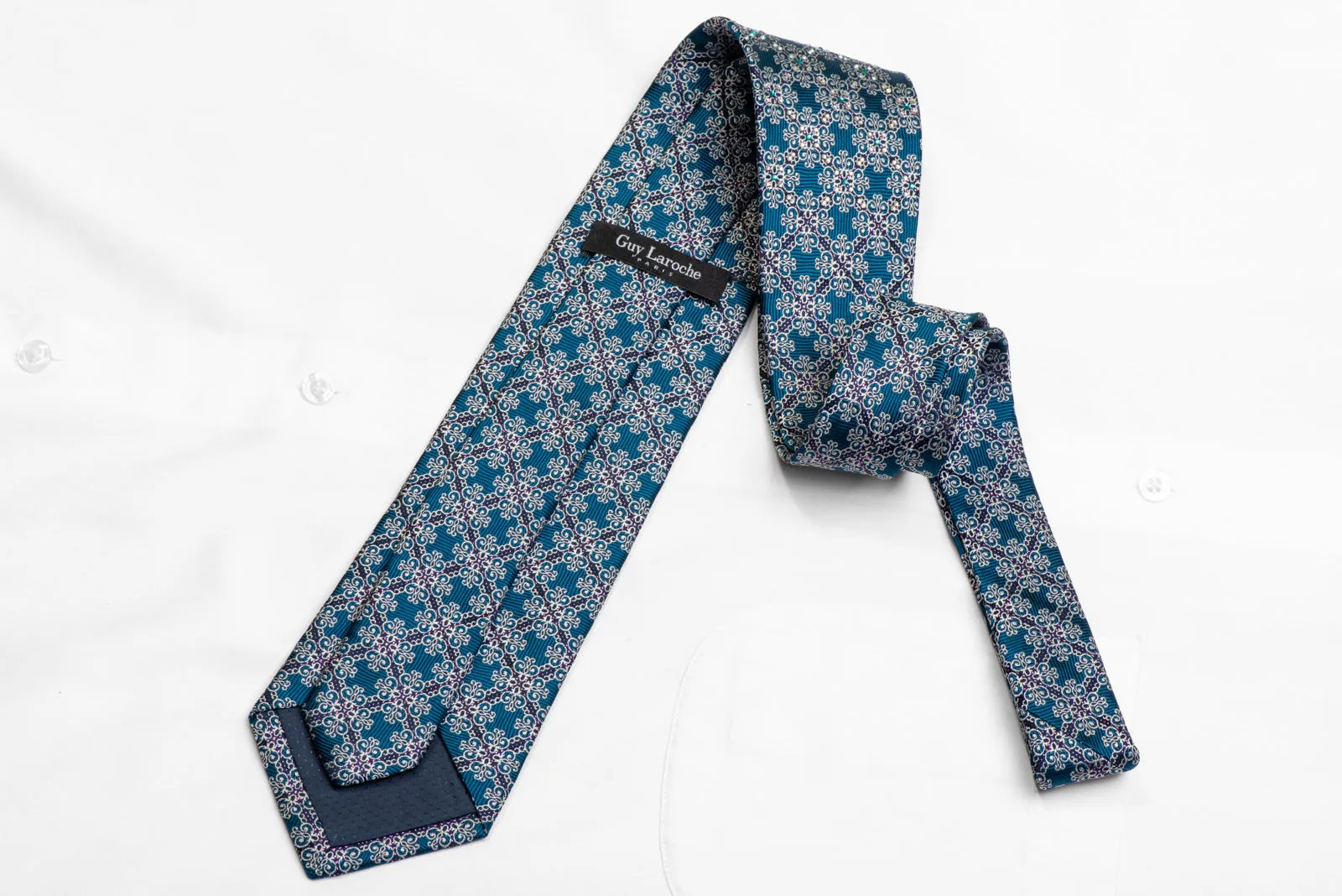 Silver Cartouche On Teal Rhinestone Silk Necktie With Purple Sparkles