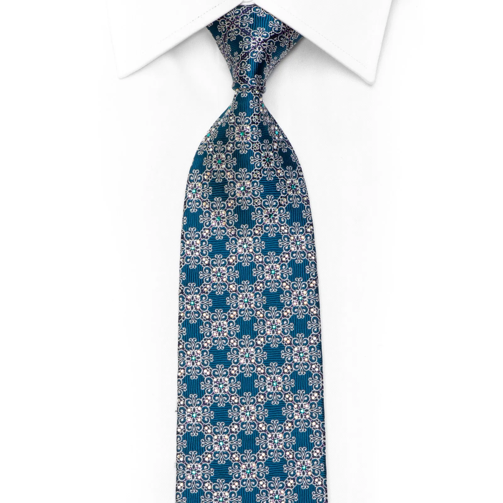 Silver Cartouche On Teal Rhinestone Silk Necktie With Purple Sparkles