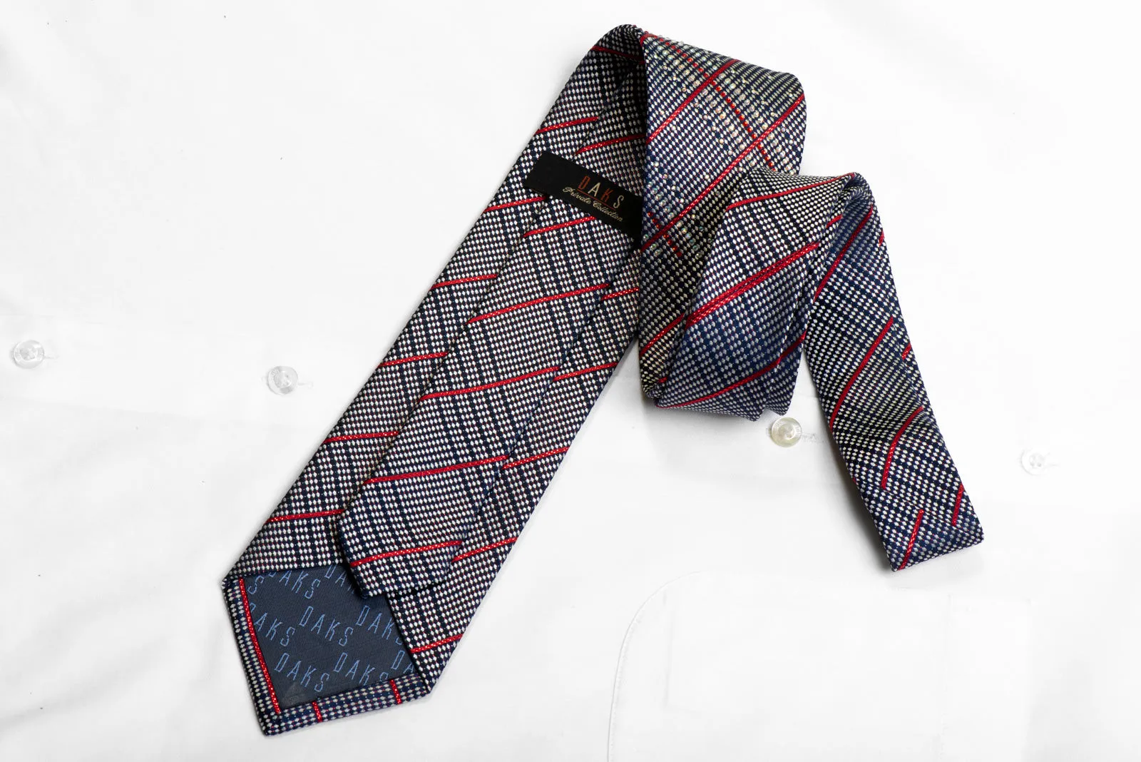 Silver Plaid & Red Striped On Navy Rhinestone Tie With Sparkles