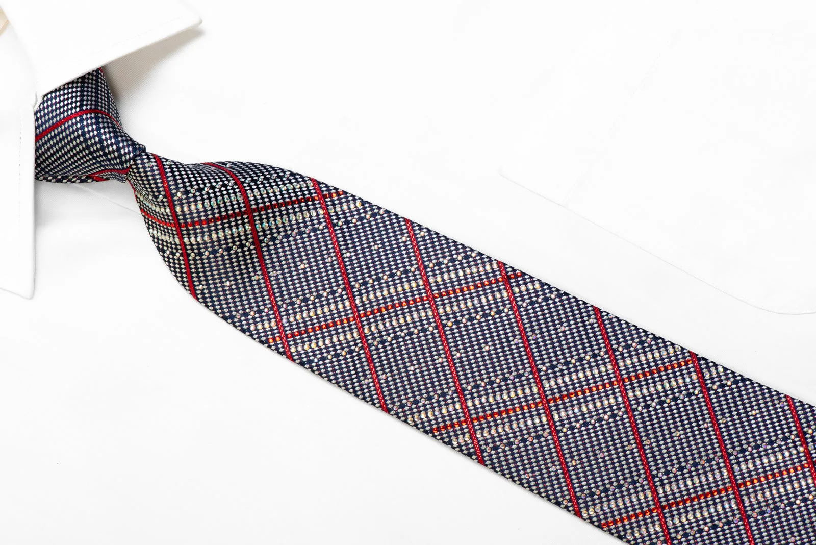 Silver Plaid & Red Striped On Navy Rhinestone Tie With Sparkles