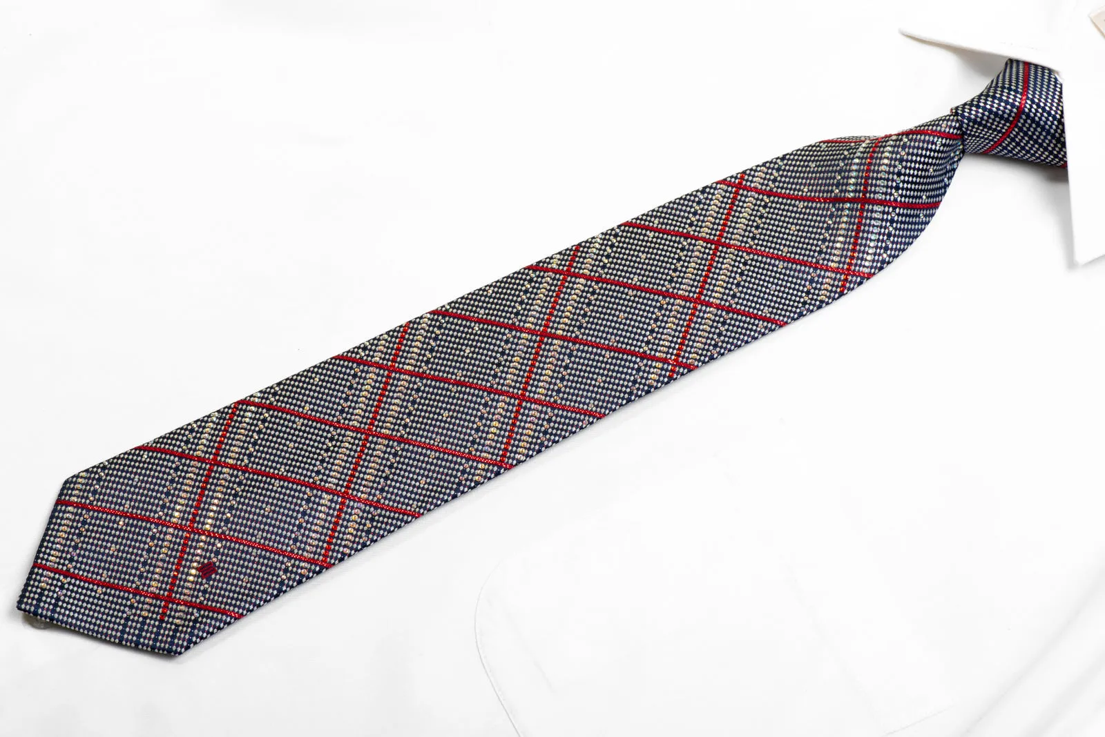 Silver Plaid & Red Striped On Navy Rhinestone Tie With Sparkles