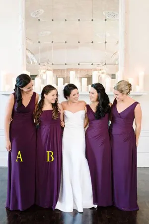 Simple Cheap Plum Long A Line Chiffon Bridesmaid Dresses PFB0078