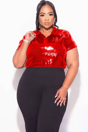Final Sale Plus Size Collar Sequin Top in Red Sporty Chic Slim Comfort