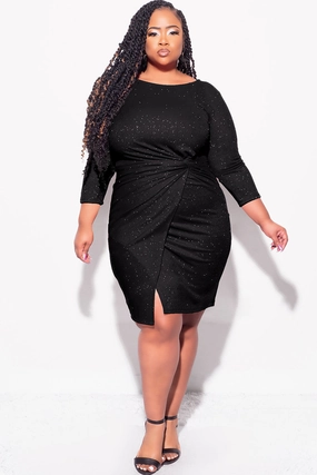 Final Sale Plus Size Glitter BodyCon with Front Overlay and Ruched Side in Black Smooth zipper closure Cold Weather Wear