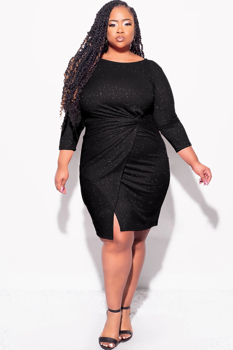 Final Sale Plus Size Glitter BodyCon with Front Overlay and Ruched Side in Black Smooth zipper closure Cold Weather Wear