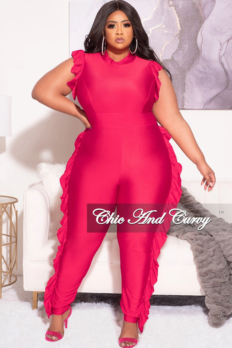 Breathable Stretch AbrasionResistantPanels Final Sale Plus Size Jumpsuit with Ruffle Trim and Back Zipper in Fuchsia
