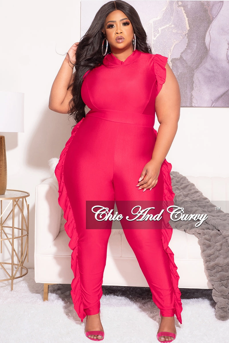 Flex Wear Design Cozy Stretch Fit Final Sale Plus Size Jumpsuit with Ruffle Trim and Back Zipper in Fuchsia
