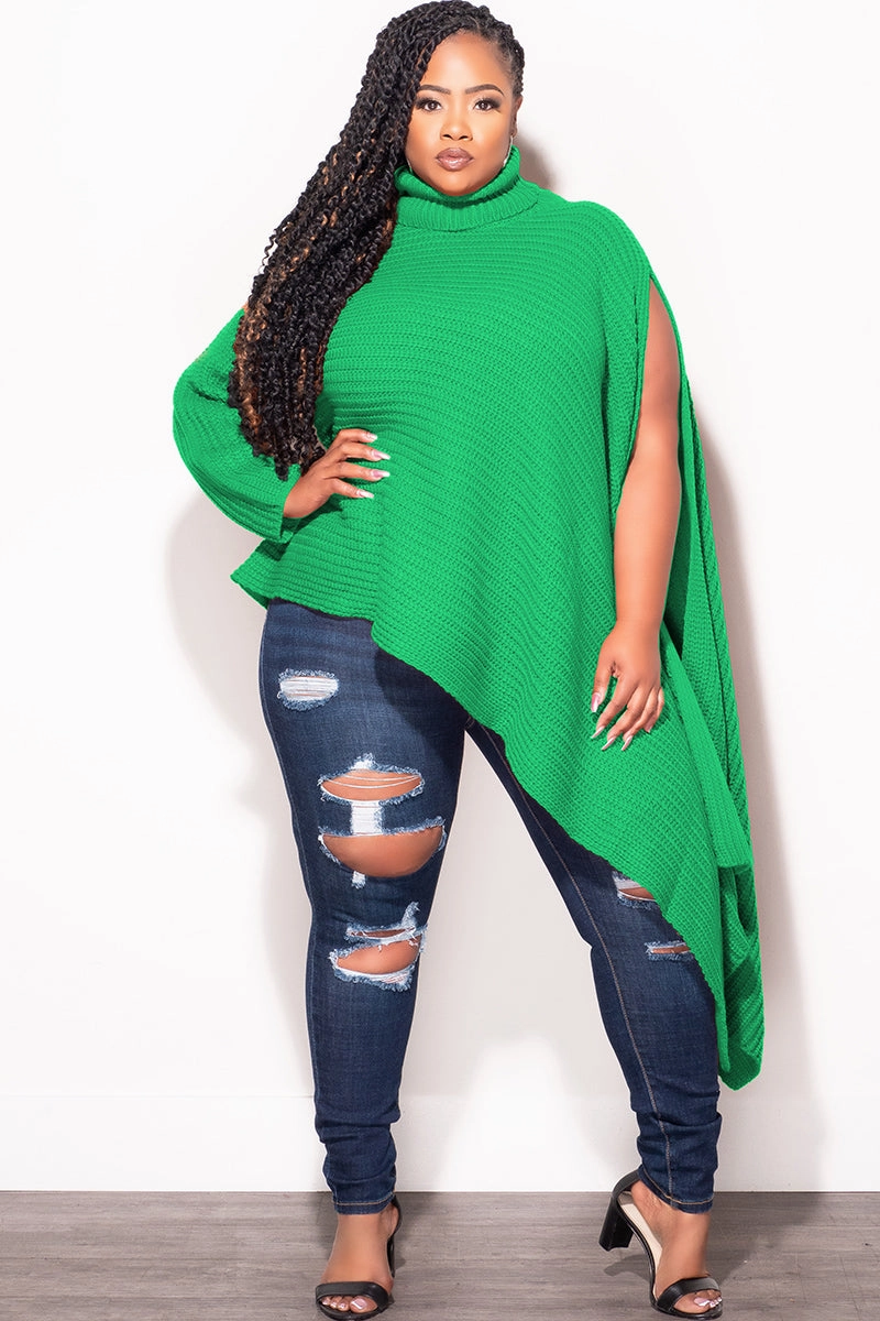 Final Sale Plus Size One Shoulder Turtleneck Sweater Poncho in  Kelly Green Ripstop Texture Secure Cuff Design
