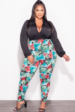 Final Sale Plus Size 2pc Wrap Top and Pants Set in Black Multi Color Print Compression Support Lining