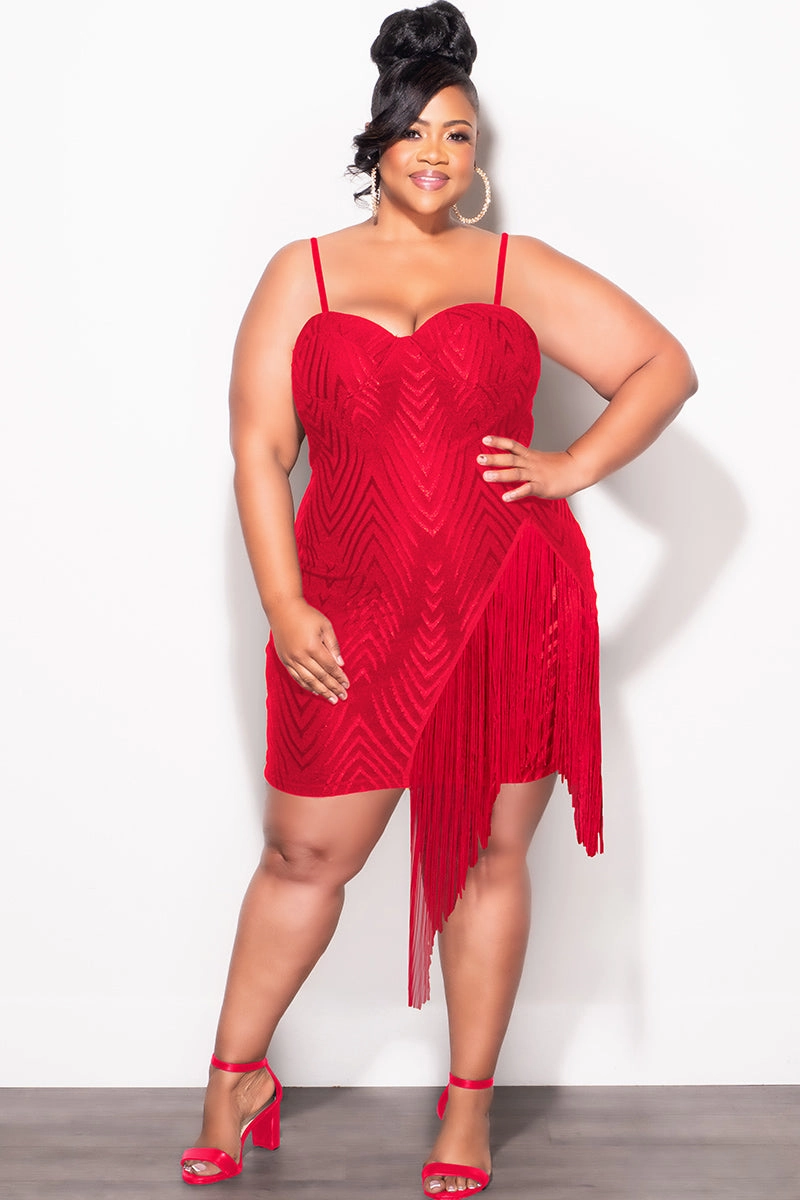 Final Sale Plus Size Spaghetti Strap BodyCon Dress with Side Fringe in Red Chill Wear