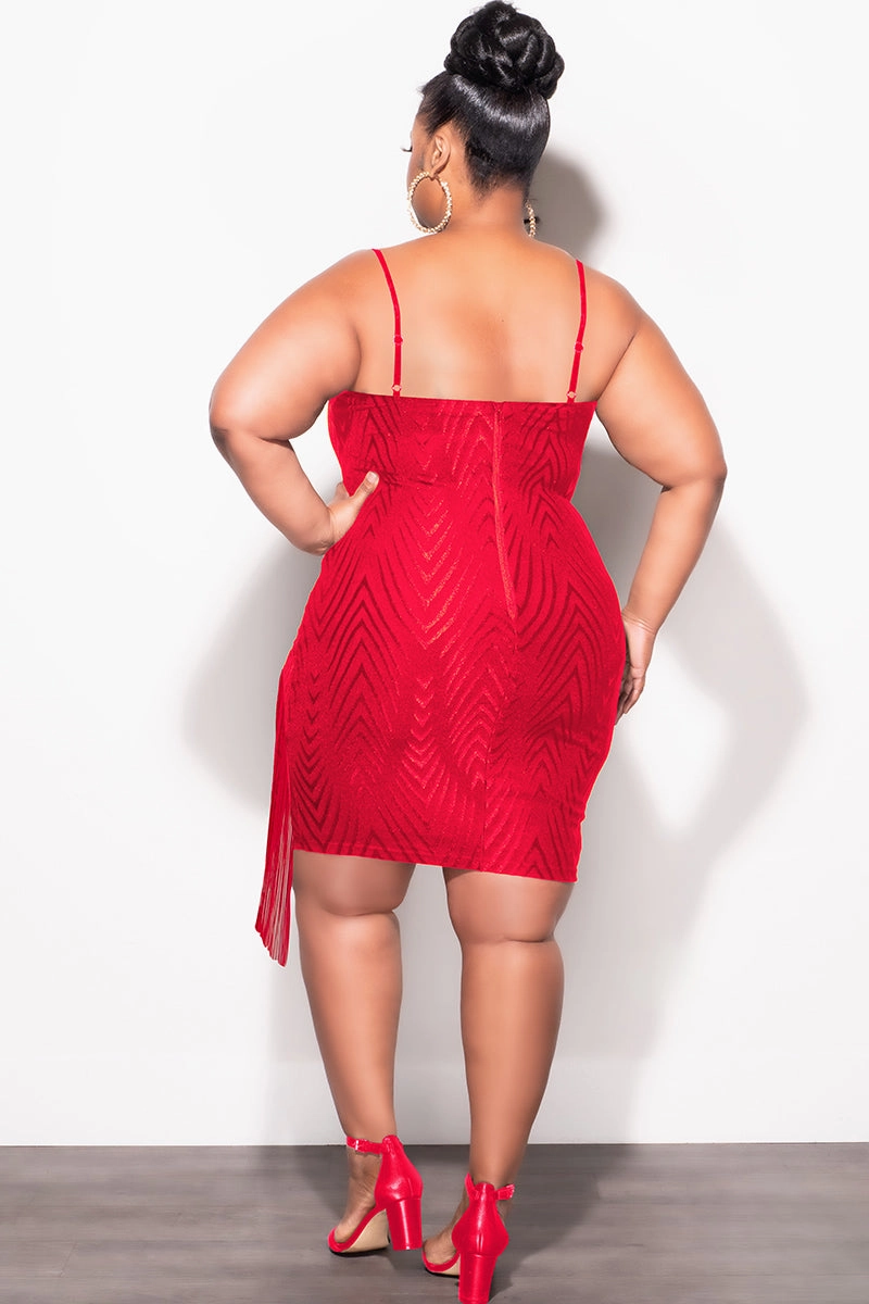 Laser cut Practical Fit Final Sale Plus Size Spaghetti Strap BodyCon Dress with Side Fringe in Red