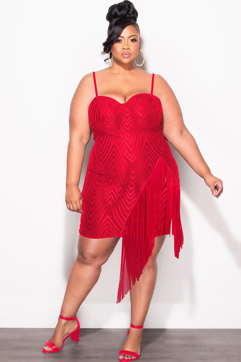 Smart Layering Final Sale Plus Size Spaghetti Strap BodyCon Dress with Side Fringe in Red