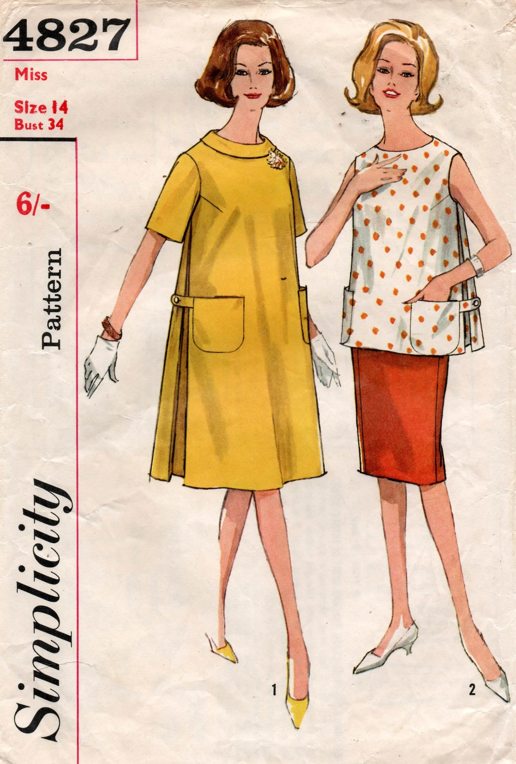 Simplicity 4827 Maternity Shift Dress Skirt & Top 1960s Vintage Sewing Pattern Size 14 Bust 34 inches