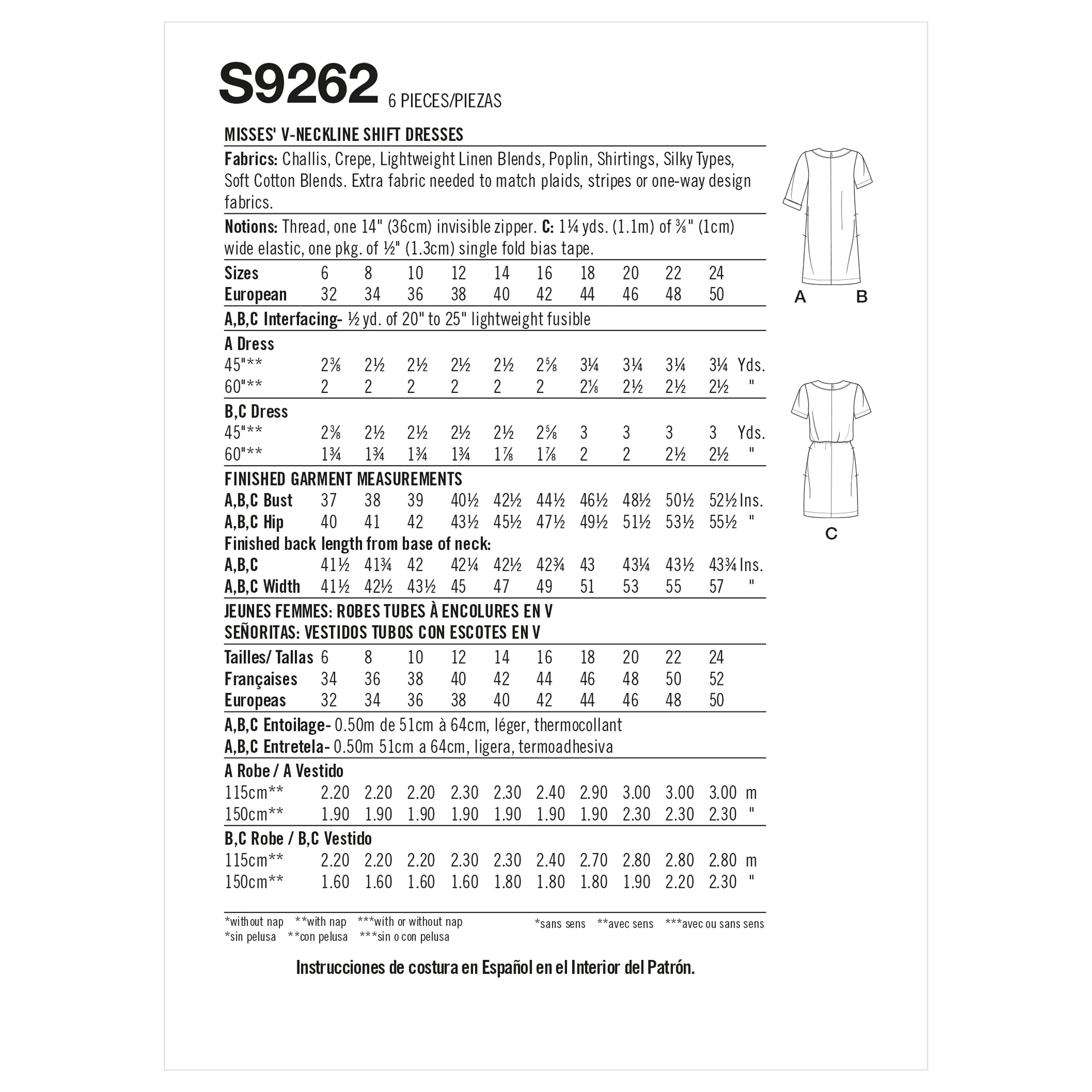 Simplicity Sewing Pattern 9262 V-neckline Shift Dresses